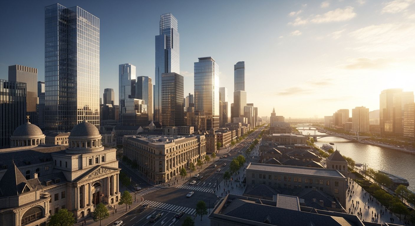 Modern Cityscape at Golden Hour with Historic Architecture