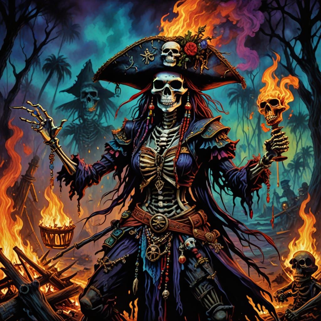 Skeletal Pirate Dances with Voodoo Queen around a Bonfire