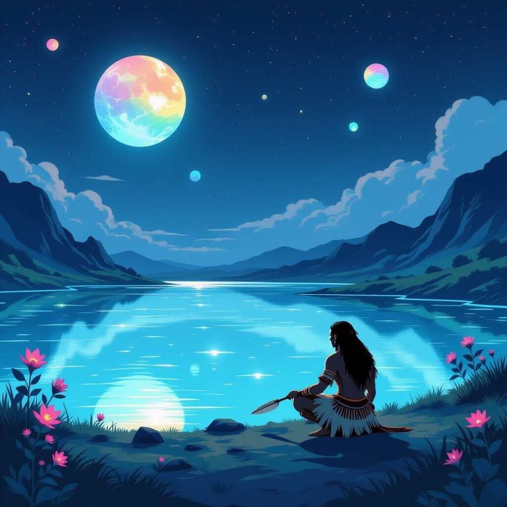 Maori Warrior on Bioluminescent Moon Lake