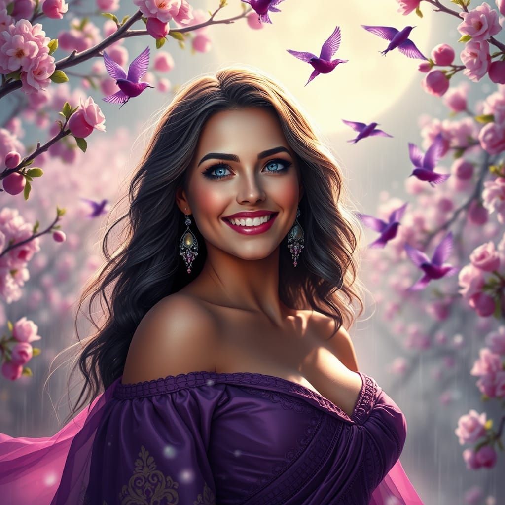 Greek Woman's Radiant Smile in Fantasy Landscape