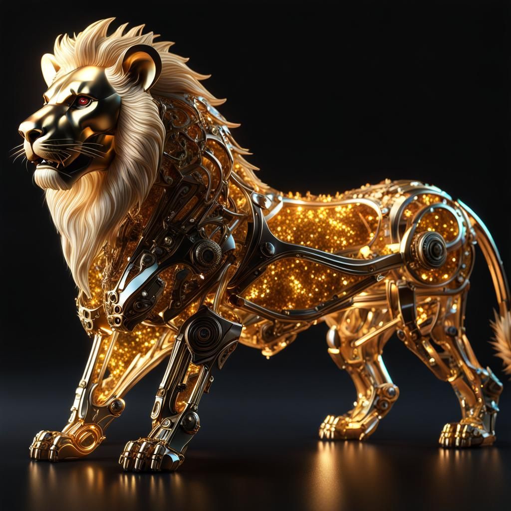 Enchanting Cyborg Lion with Golden Glitter in 8K