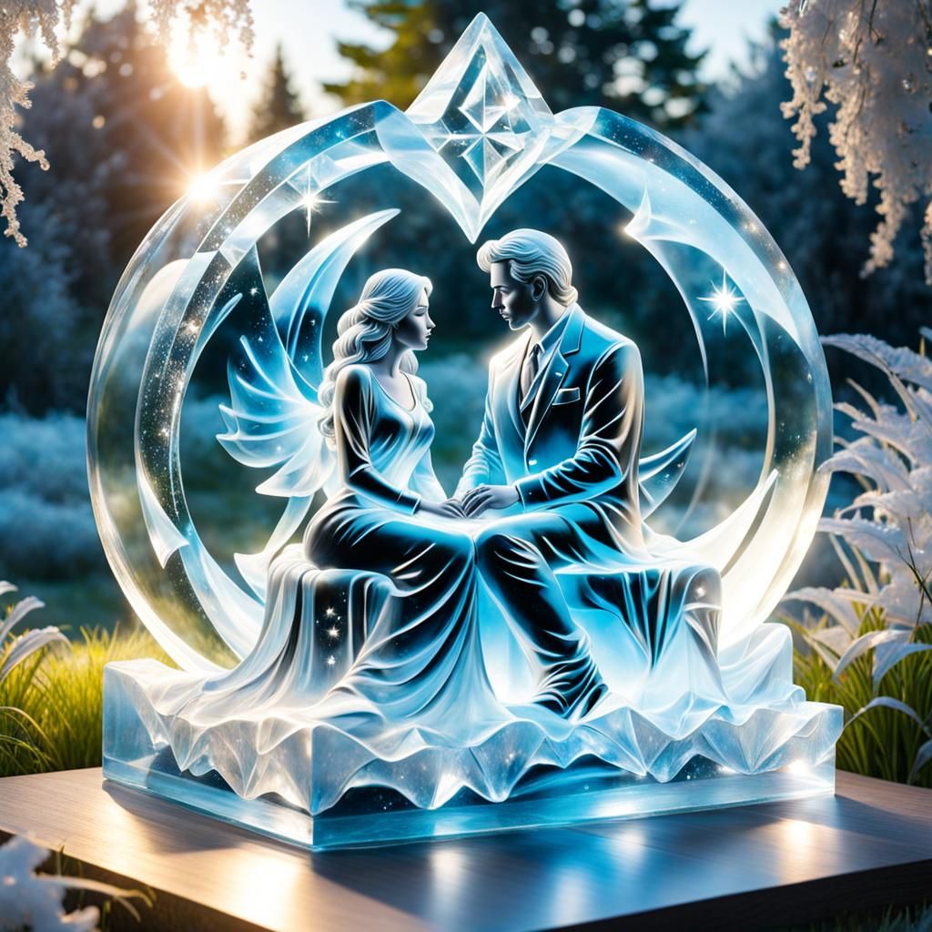Romantic Glass Couple Ice Sculpture in Photorealistic Fantas...