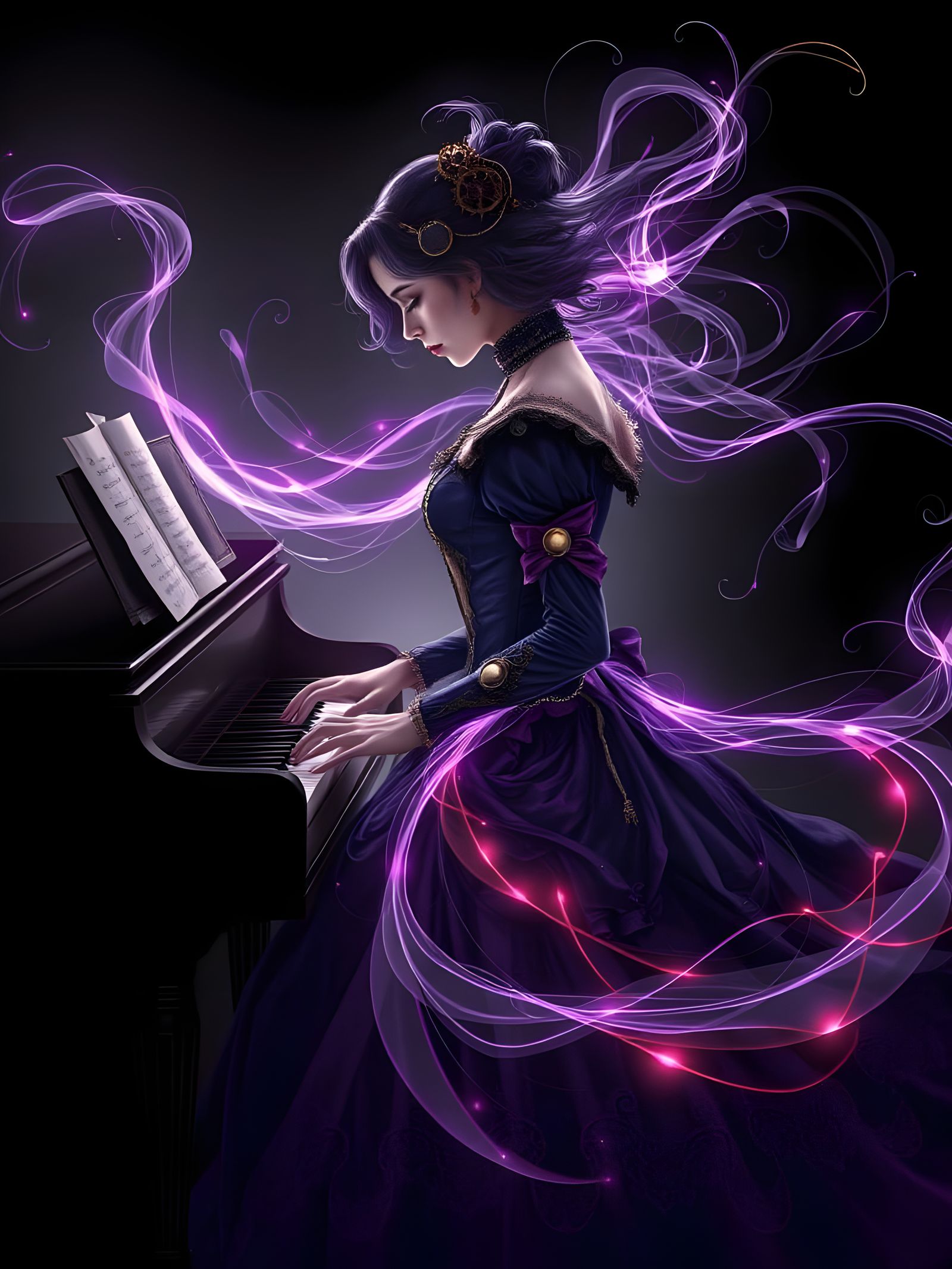 Timeless Gothic Beauty Plays Piano Amidst Swirling Steampunk...