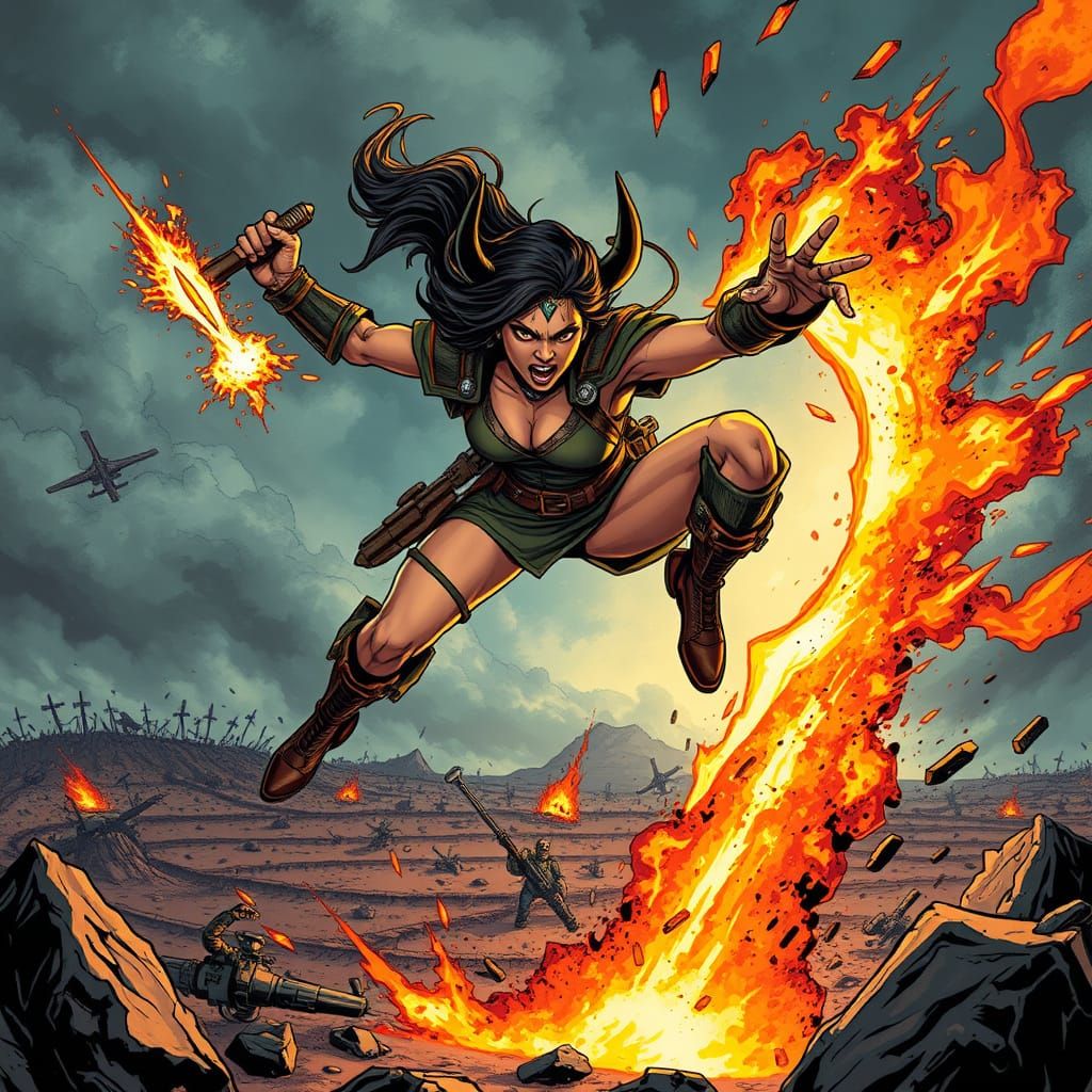 Latina Warrioress Leaping Through Fiery Portal