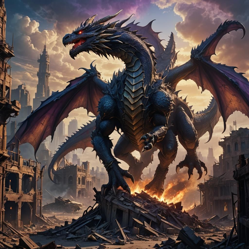 Dragon Overlooking Post-Apocalyptic Wasteland: Fantasy Conce...