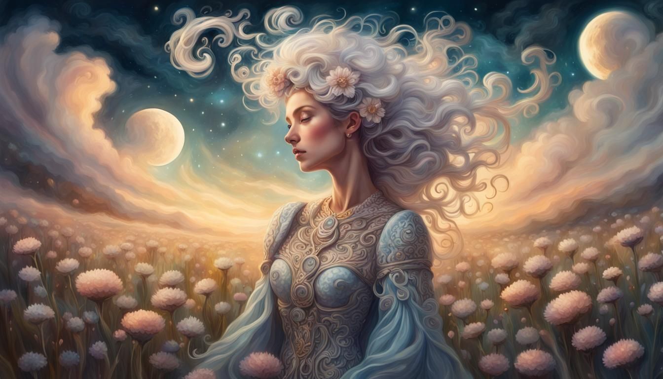 Fantasy Cloud Woman in Moonlit Meadow
