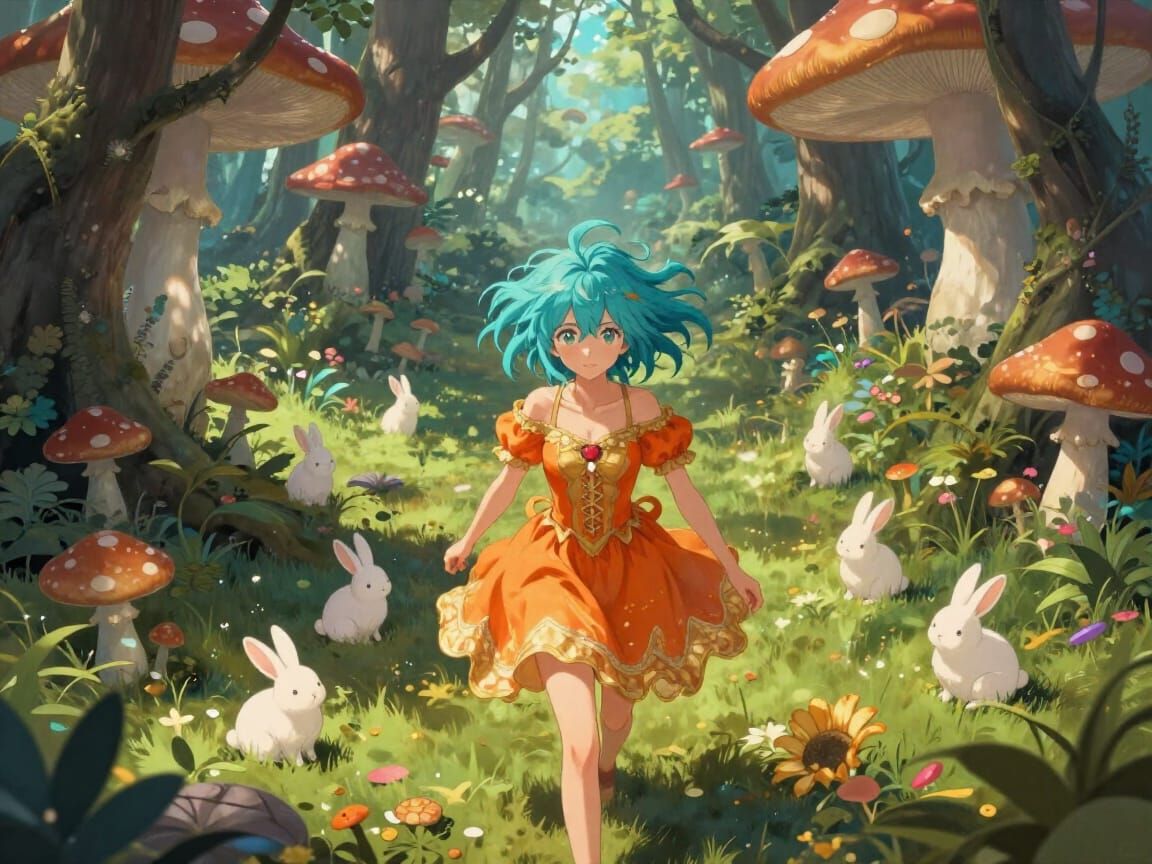 Anime Girl in Magical Forest, Matte Painting Style