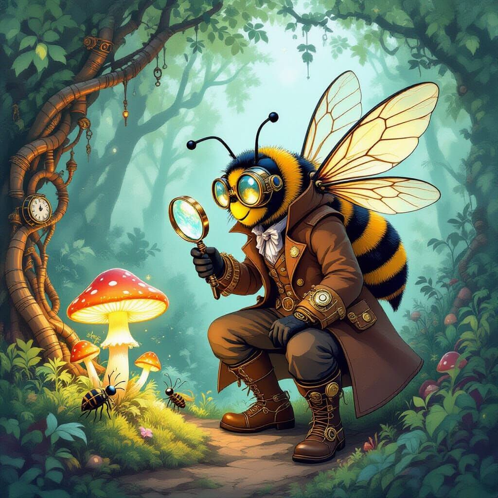 Steampunk Bumblebee Detective in Bioluminescent Grove