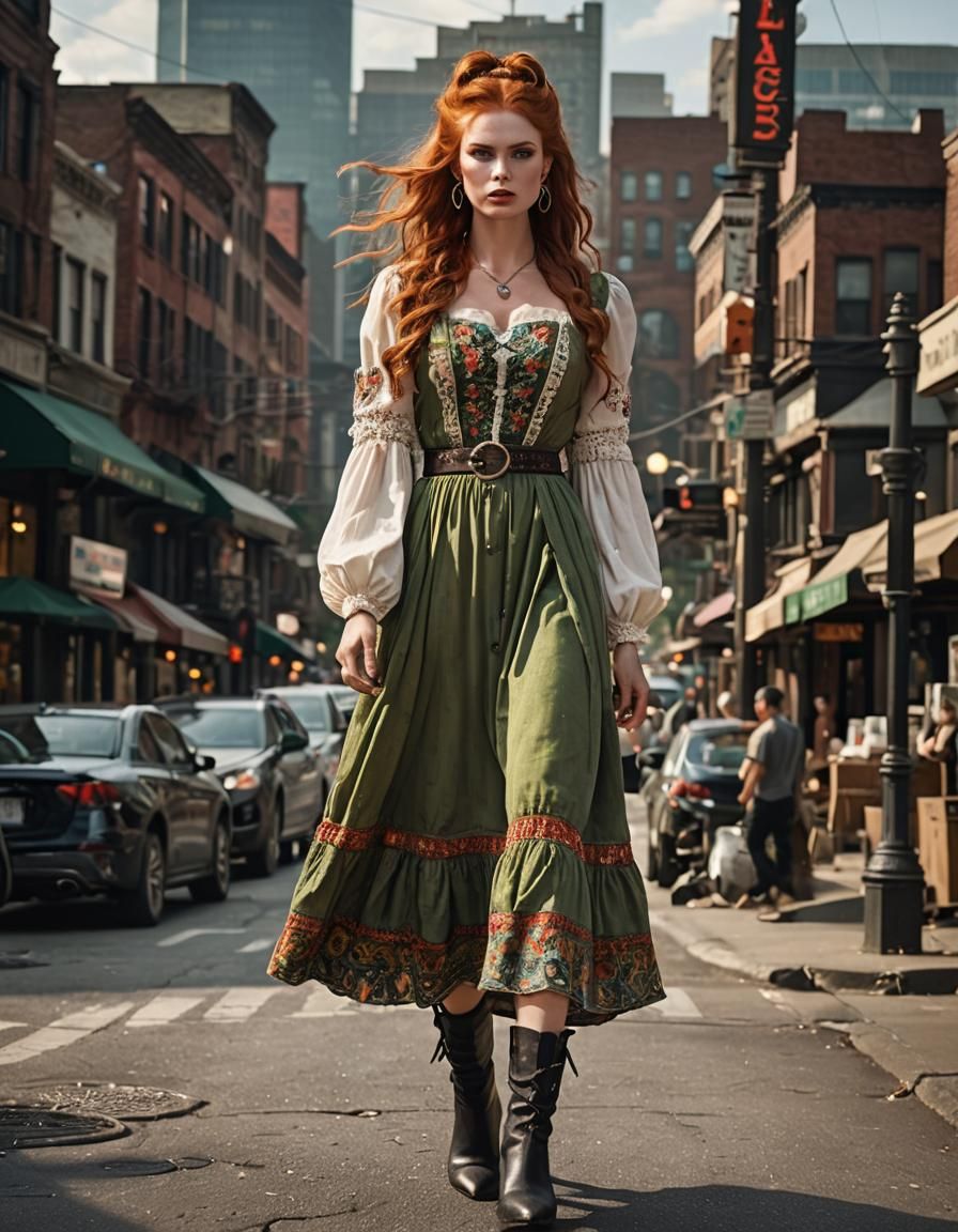 Redhead at City Crossroads in Moody Lighting