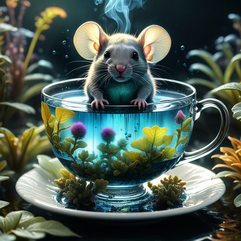 Bioluminescent Mouse in Teacup: 3D Render