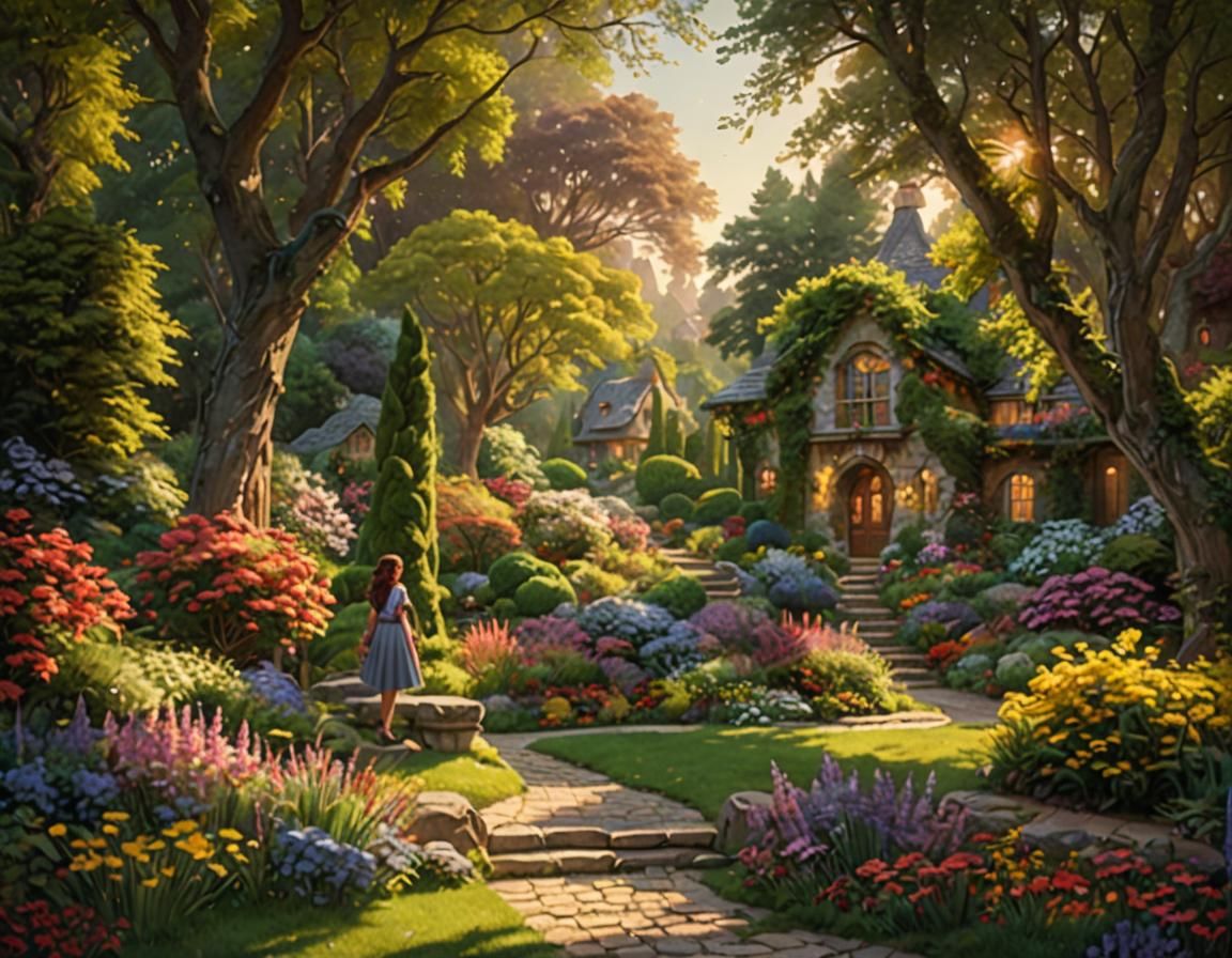 Girl in a Lush Garden, Kinkade Style
