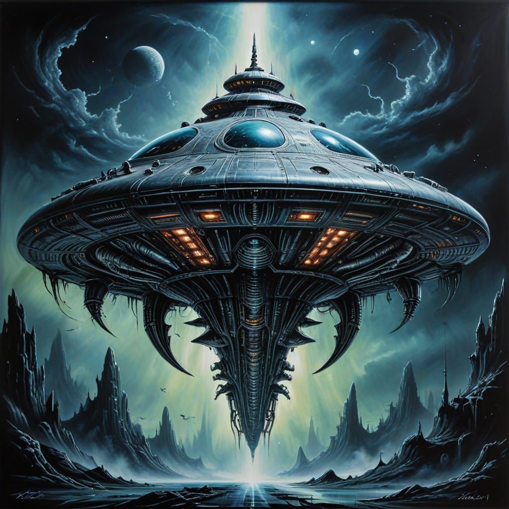 Alien Spaceship in Giger Style Acrylic Painting