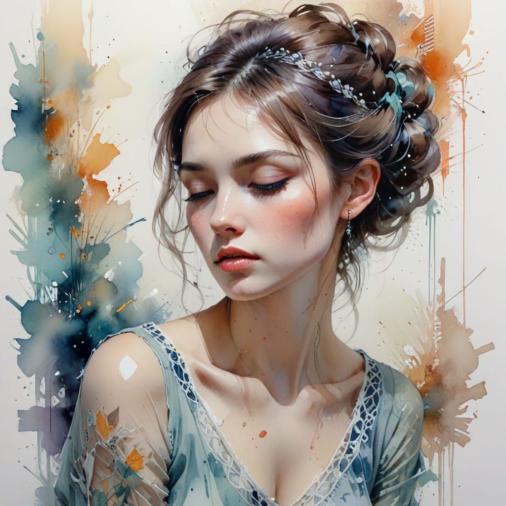 Ethereal Watercolour of Woman Lost in Thought