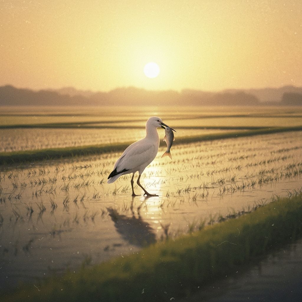 Crane in Paddy Field with Fish, Watercolor Style