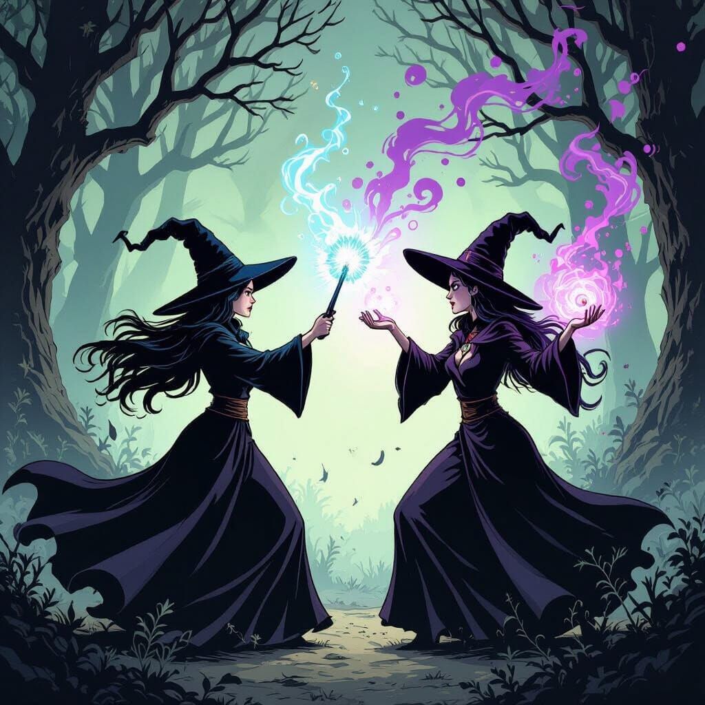 Comic Style Witches Battle With Magic