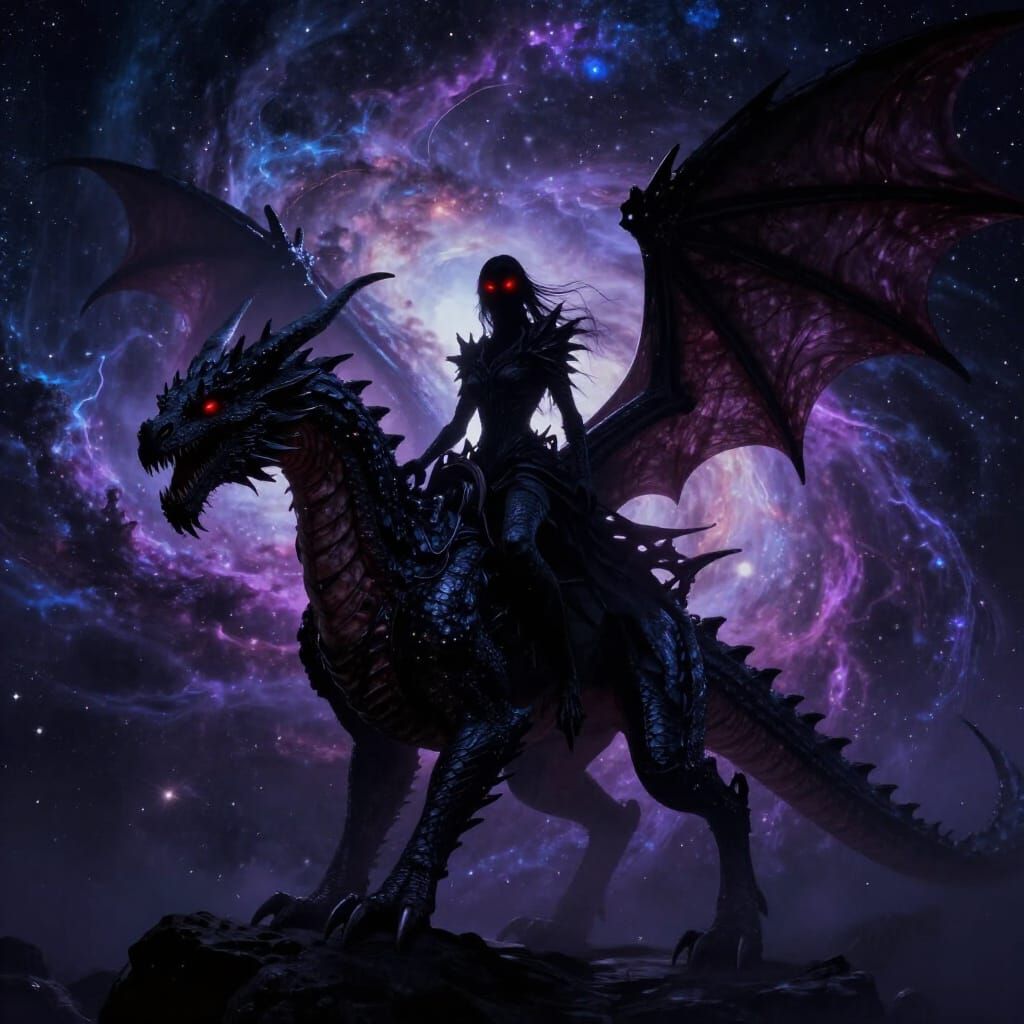 Dark Fantasy Rider on Cosmic Dragon in Nebula