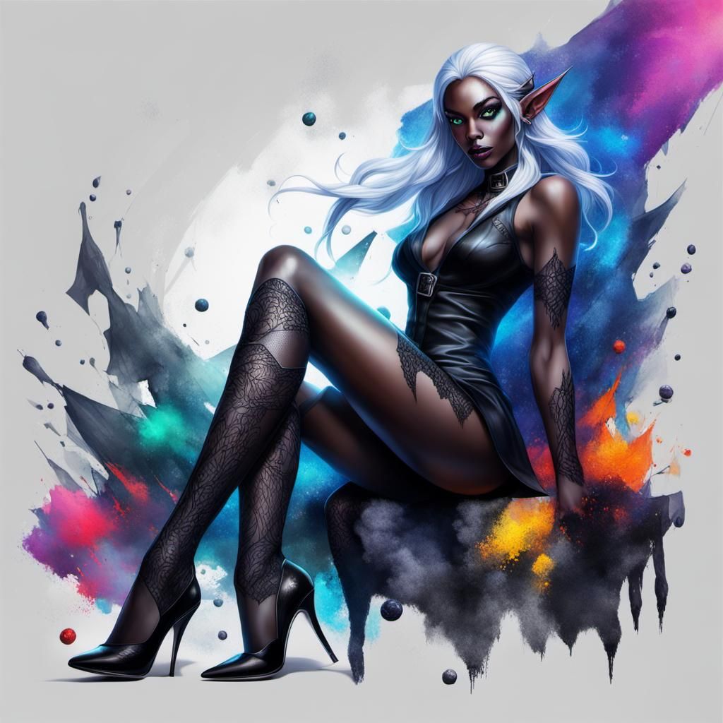 Beautiful Drow Elf Girl in Black Stockings and High Heels