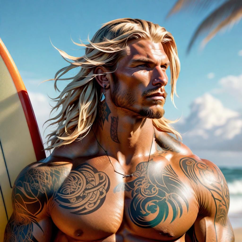 Tattooed Surfer Portrait in Hyperdetailed Digital Art