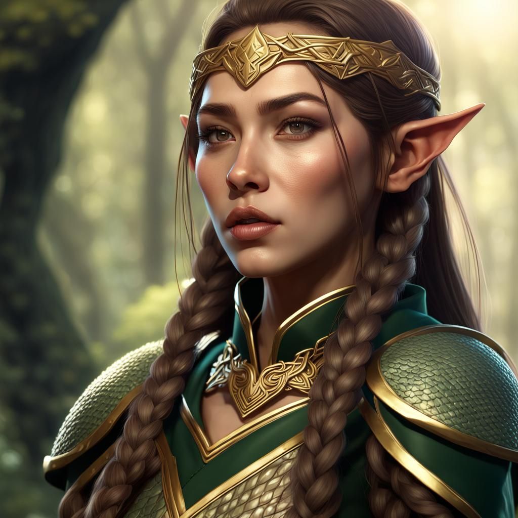 Half-Asian Elf Cleric in Gold Chainmail Armor