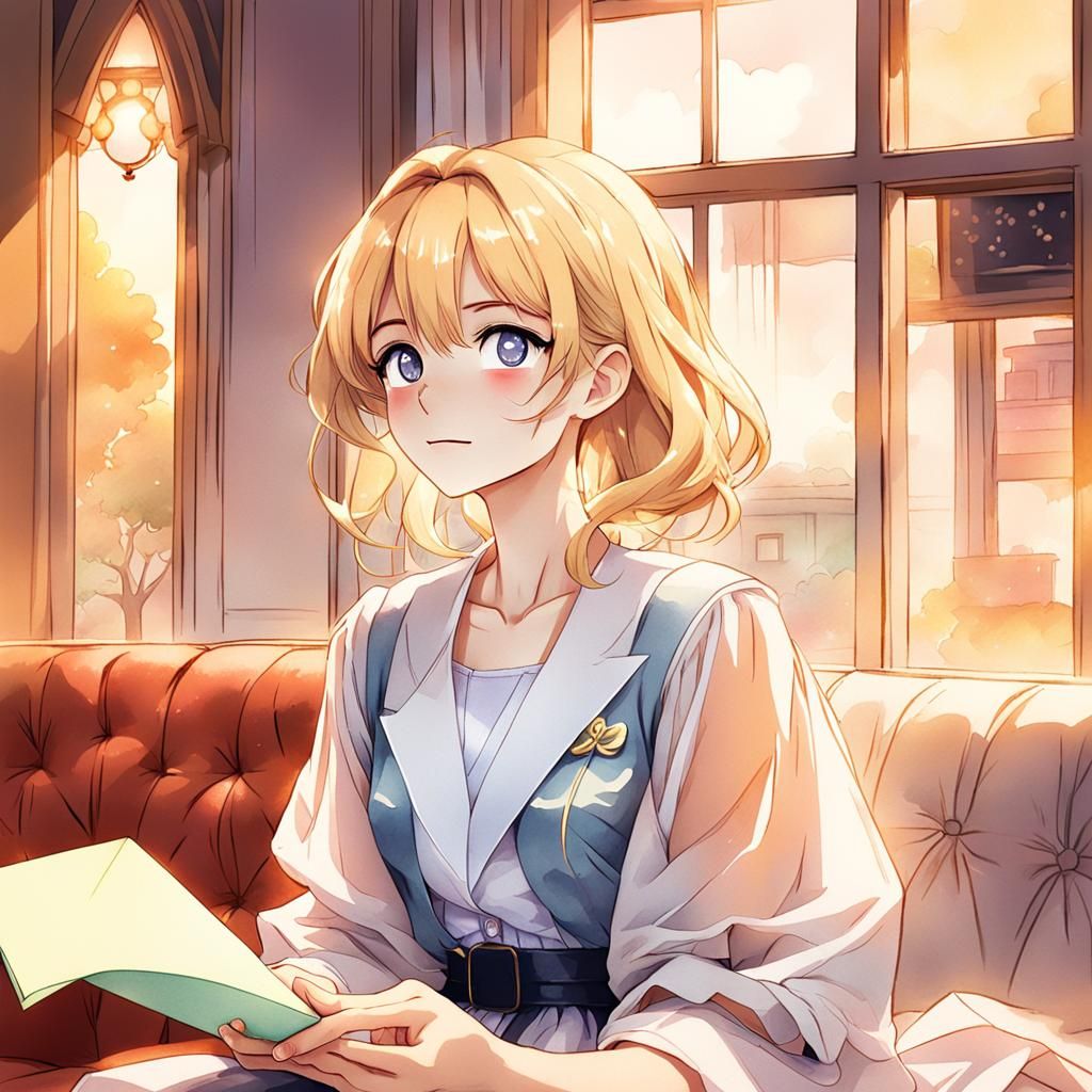 Blonde Girl Reading Letter: Manga-Style Illustration
