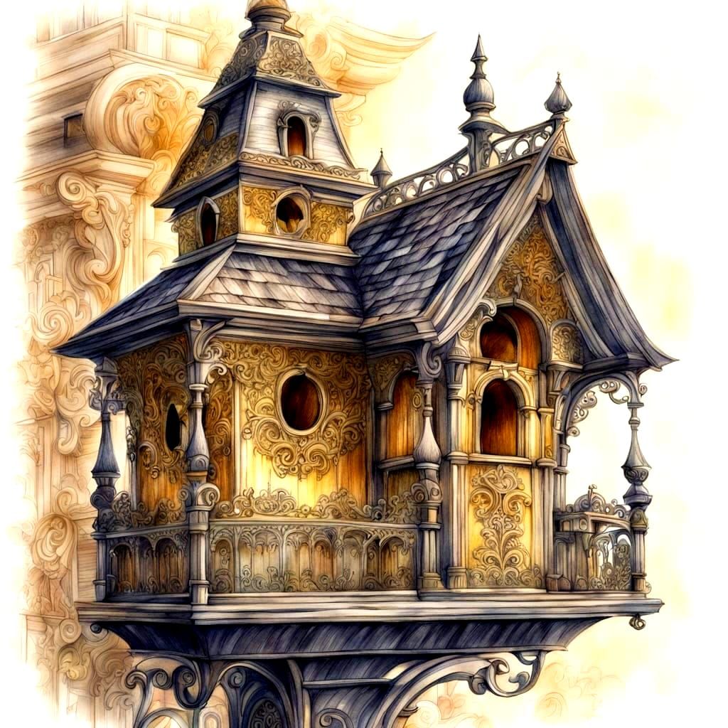 Victorian Birdhouse: Watercolor and Charcoal Drawing