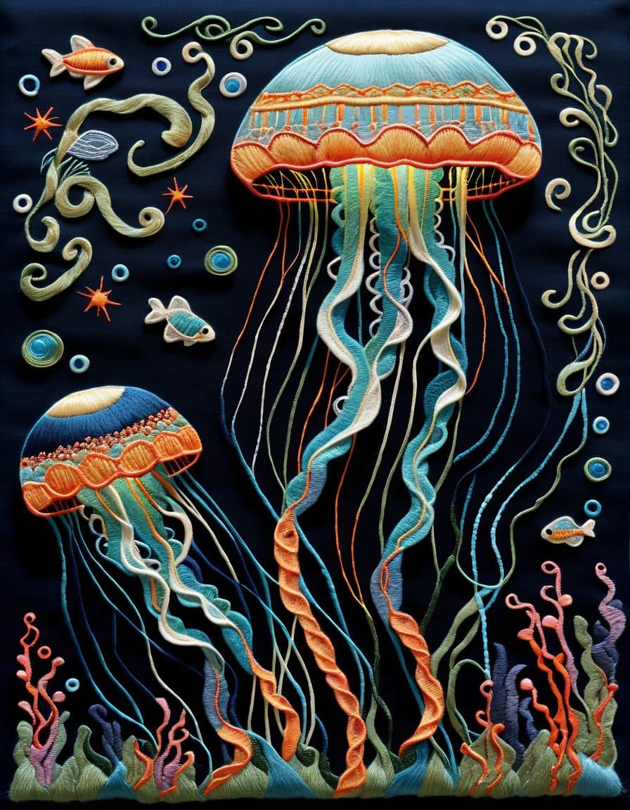 Luminous Fantasy Jellyfish in Crewelwork Style
