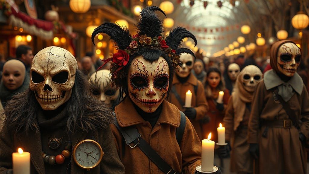 Whimsical Fall Festival Parade with Ornate Masks