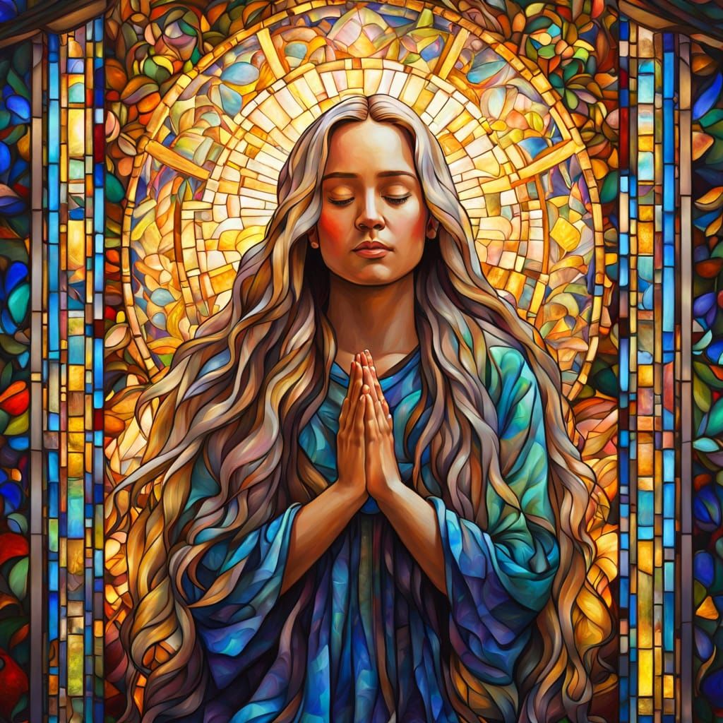 Woman Praying in Vibrant Stained Glass Oil Painting