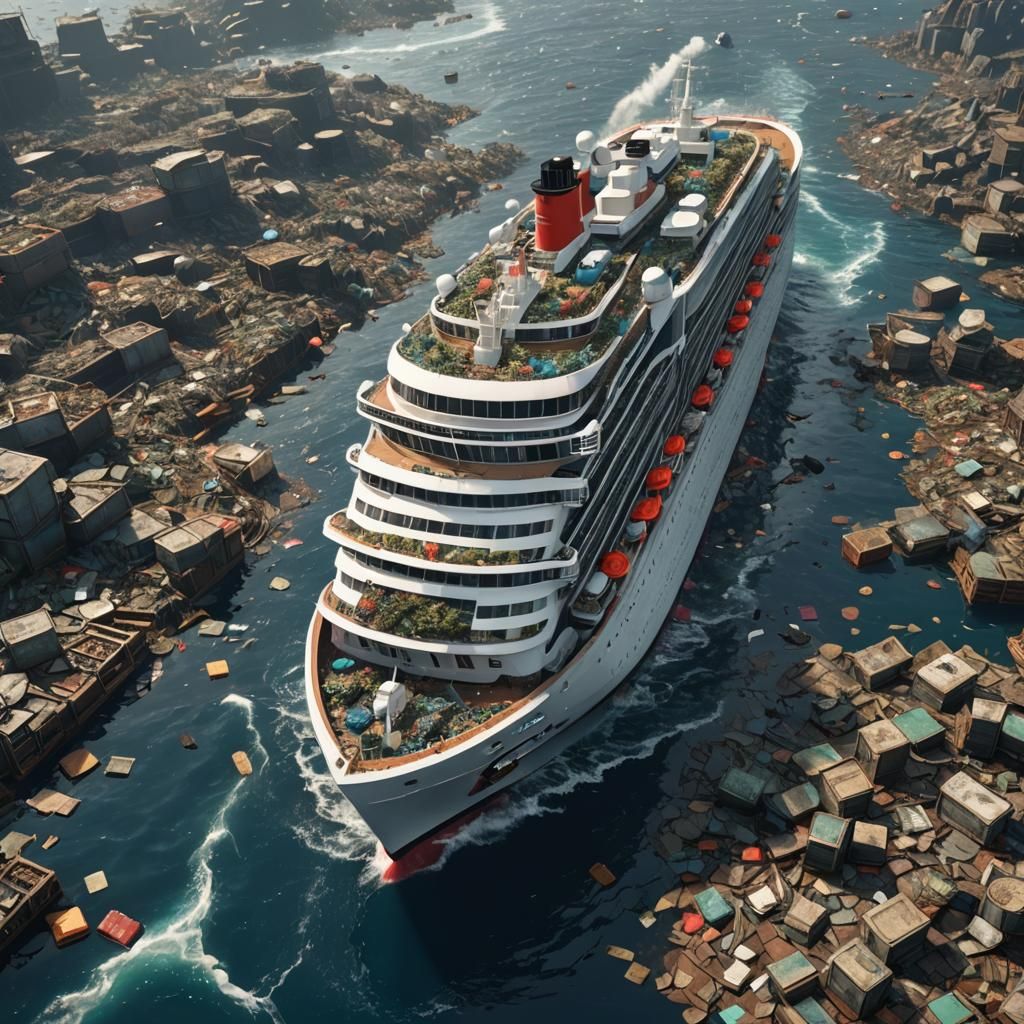 Giant Cruise Ship Navigates Waste Ocean: 3D Game Art
