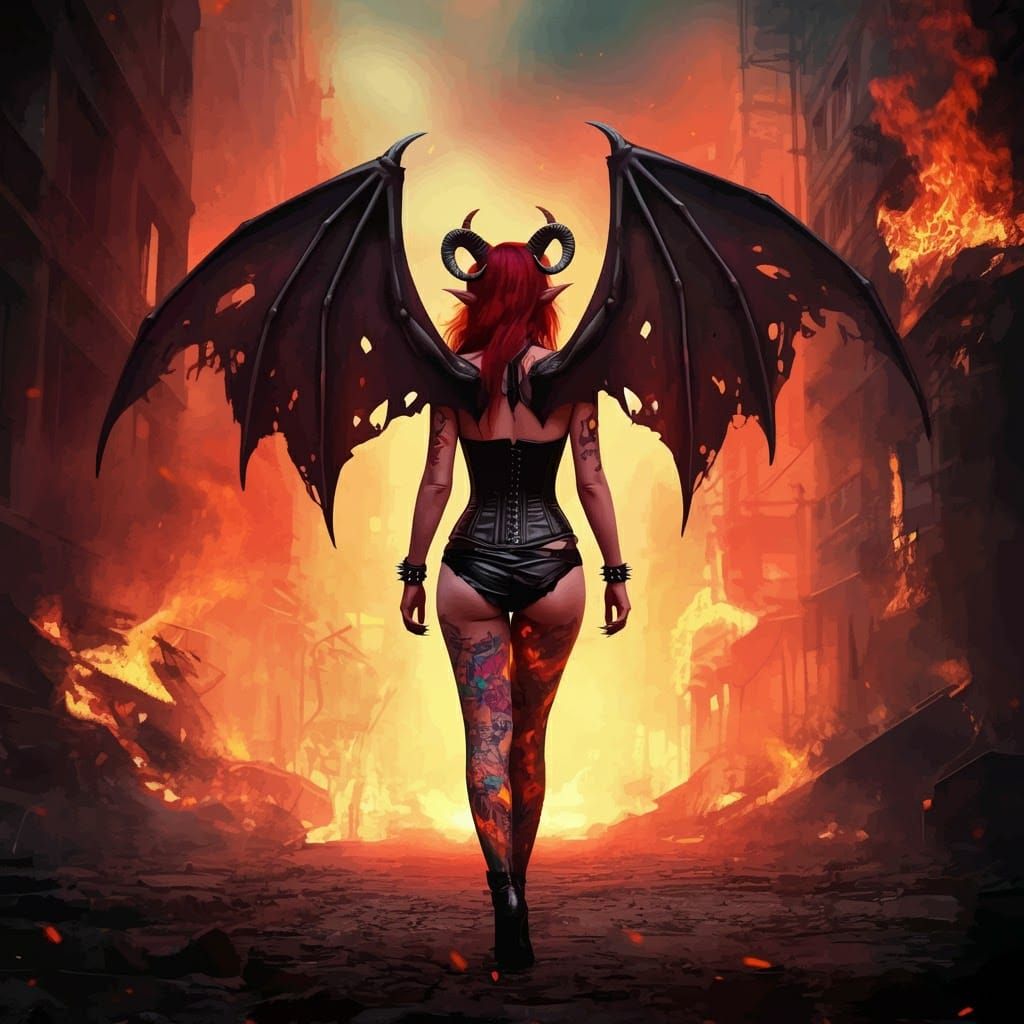 Fiery Demon Strides Away from Burning City in Graffiti Art