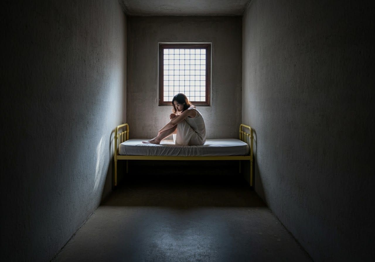 Melancholic Woman in Stark Room: Grayscale Minimalism