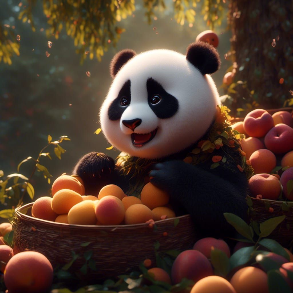 Cute Panda Eating Peaches: Detailed Matte Painting