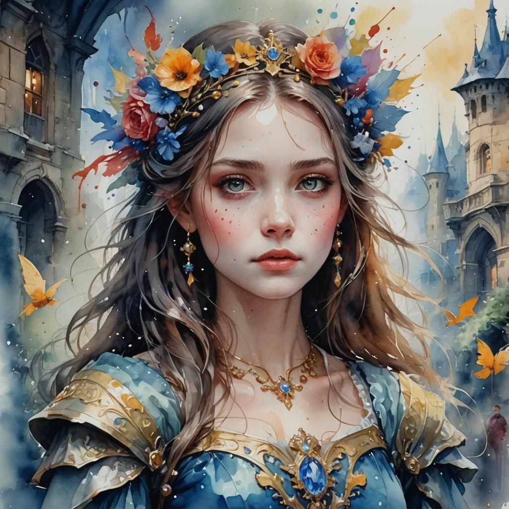 Fantasy Fairytale Portrait in Watercolor Style