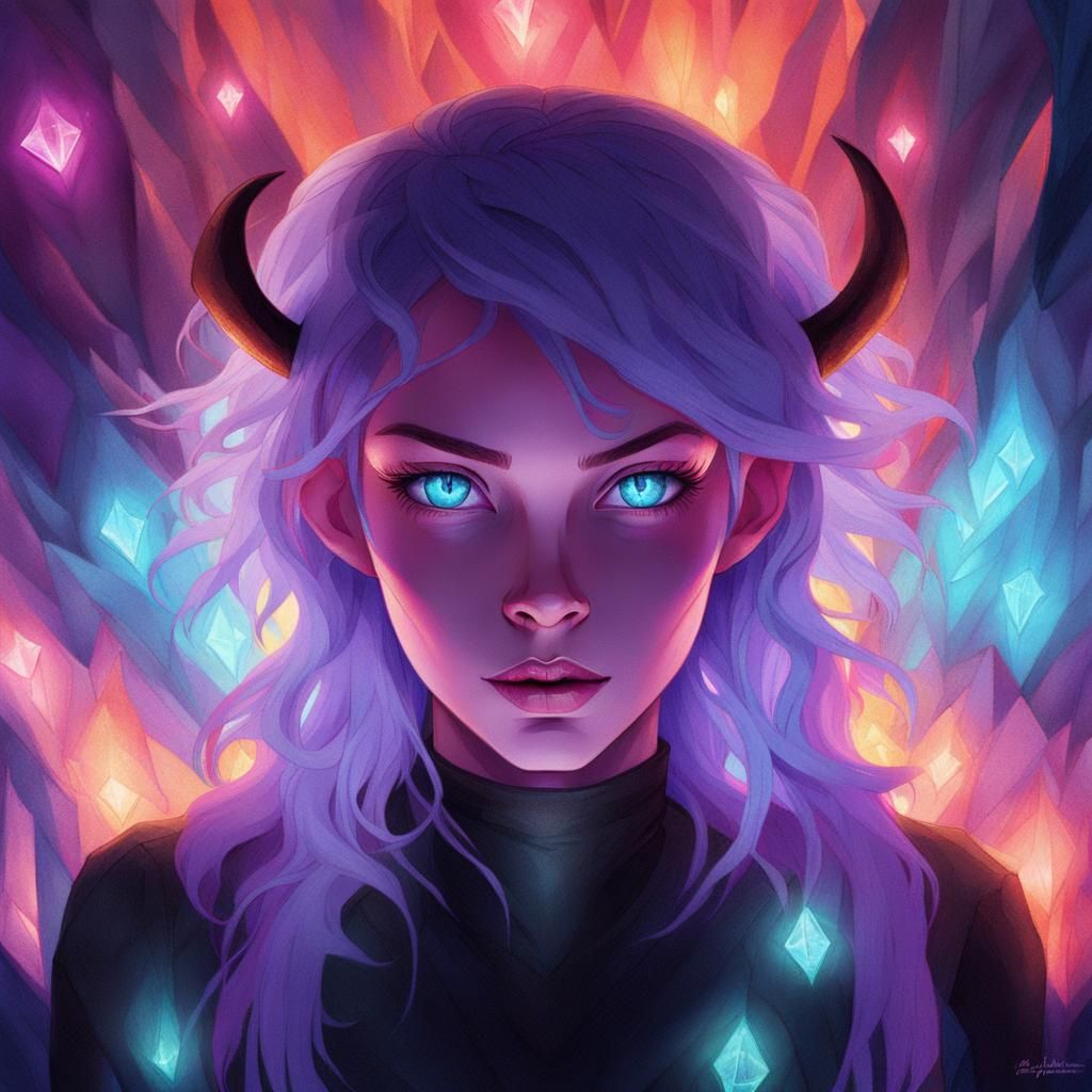Gothic Demon Girl Portrait in Crystalline Cave