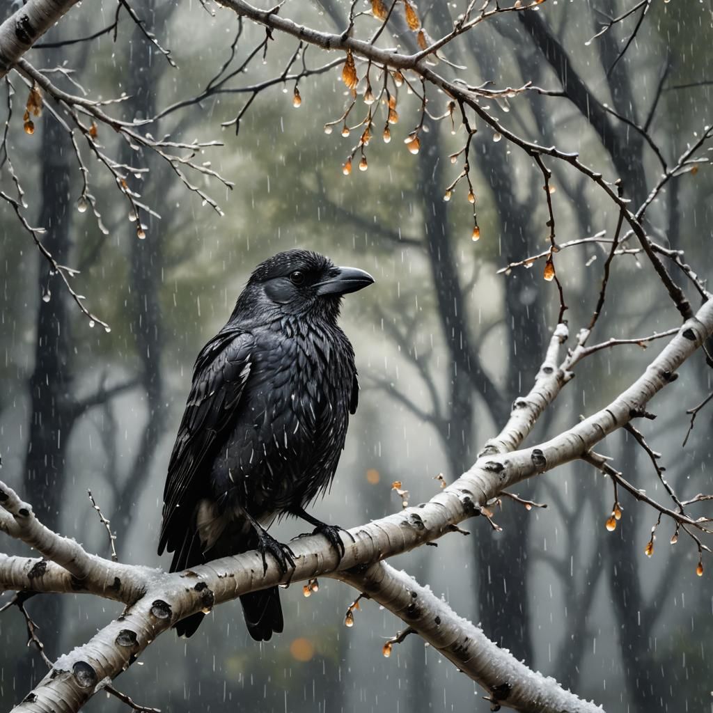 Hooded Crow in Rainy Night: Cinematic Masterpiece