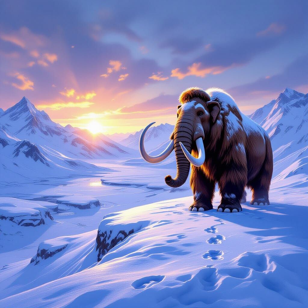 Woolly Mammoth at Dawn in Snowy Valley