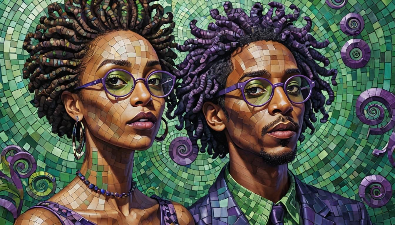 Surreal Mosaic of Melanin Singers in Green and Purple
