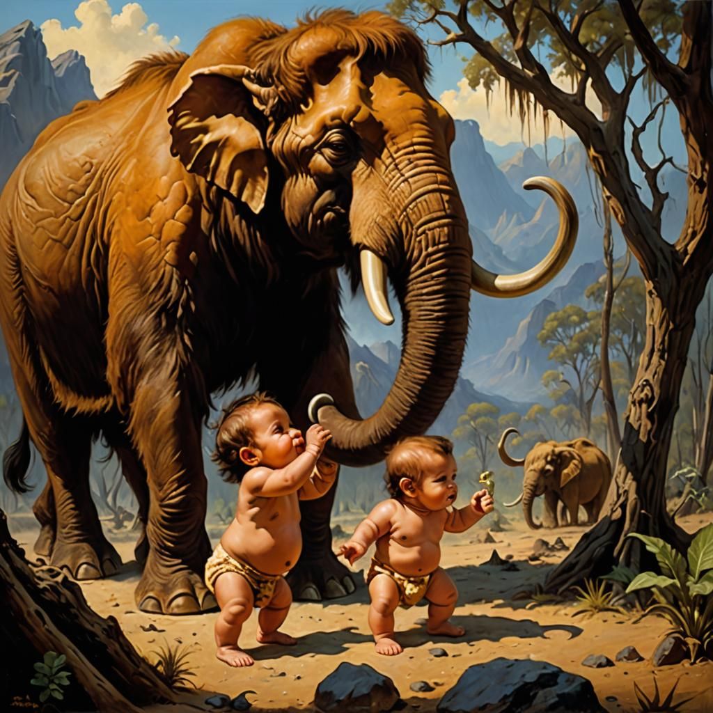 Baby Caveman and Mammoth in Boris Vallejo Style