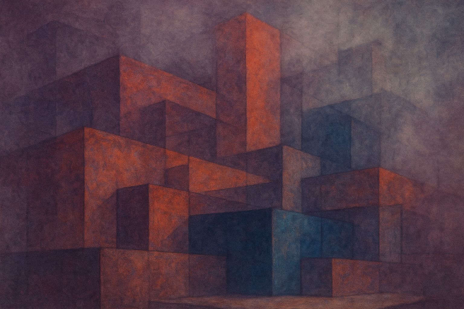 abstract art, intersecting rectilinear ancient weathered cub...