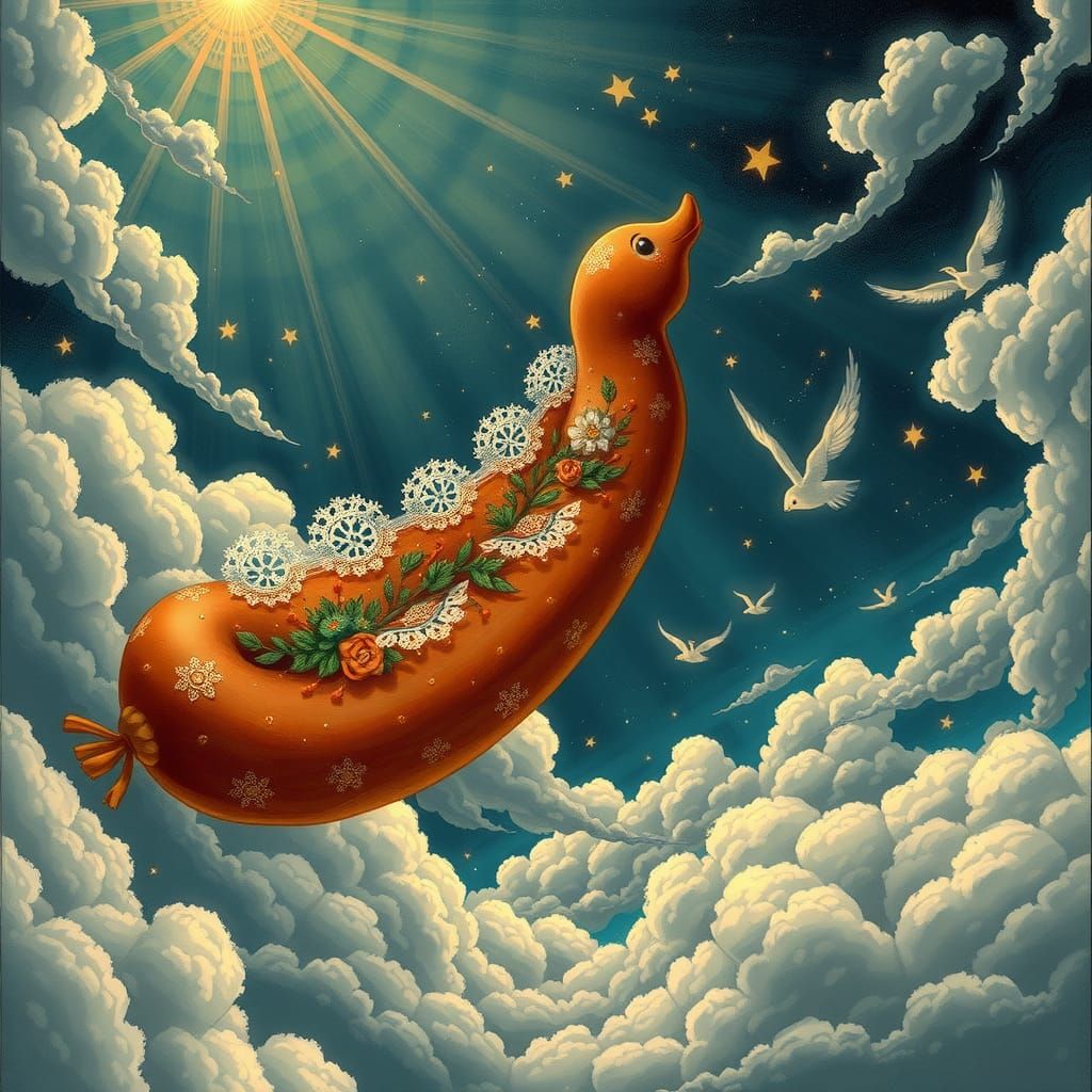 Whimsical Flying Sausages in a Starry Sky