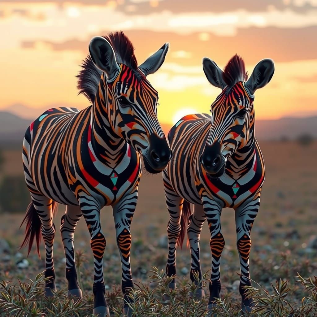 Geometric Zebras in Lush Sunset Landscape