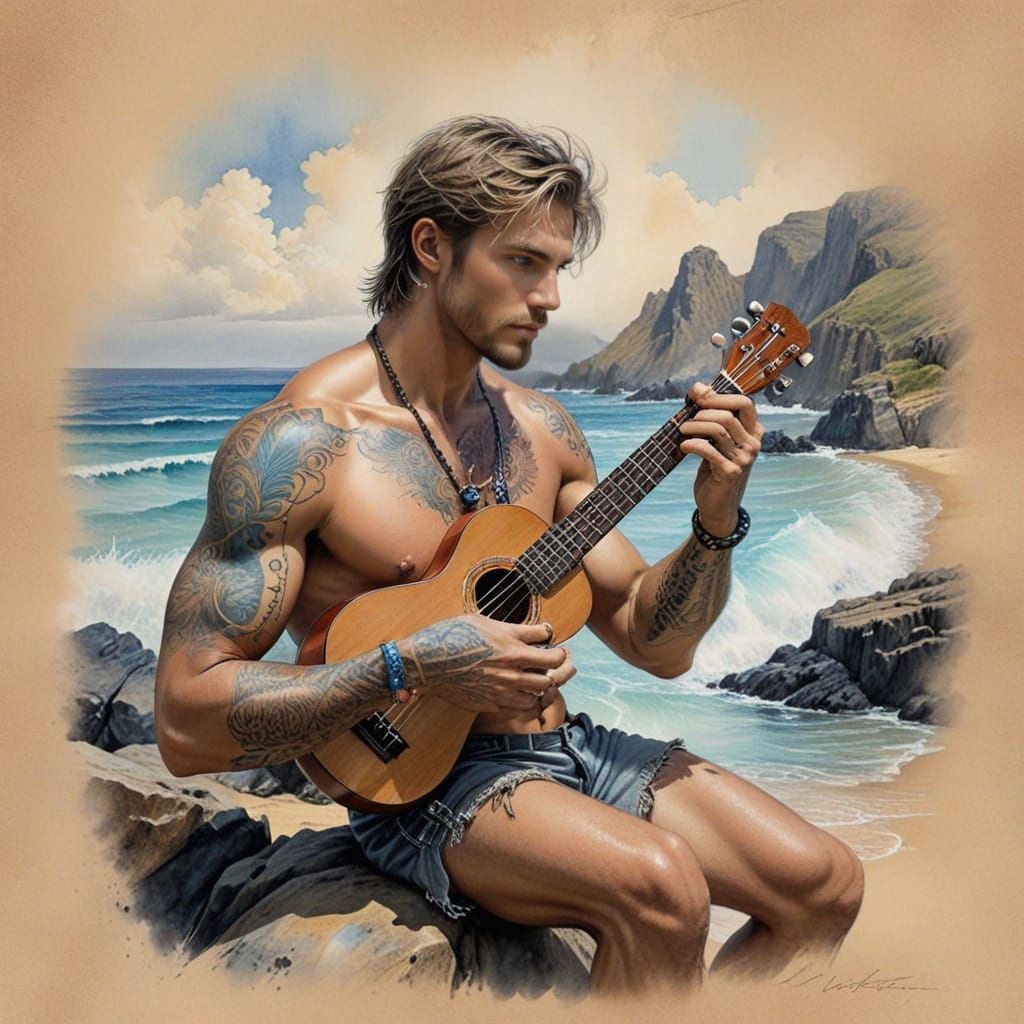 Watercolor Man Playing Ukulele on Beach