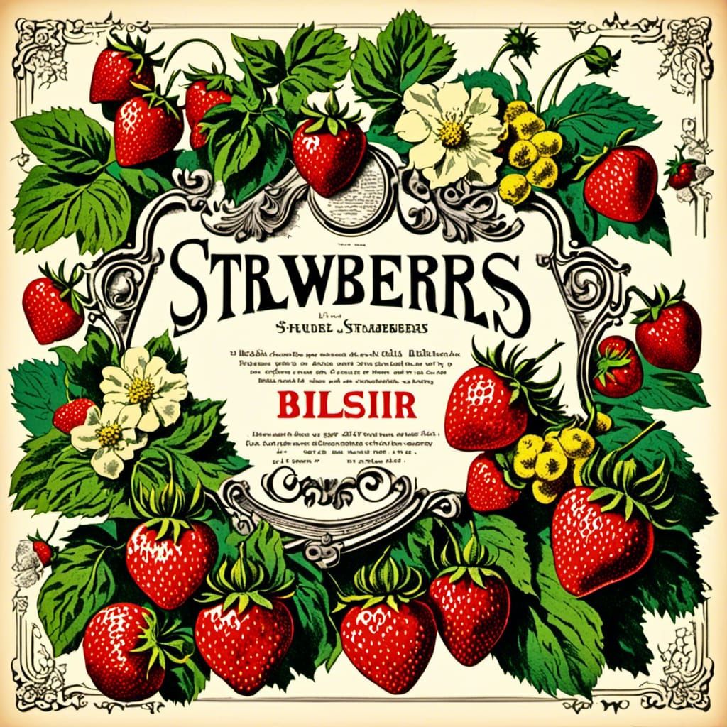 Vintage Strawberry Advertisement Illustration with Ornate Bo...