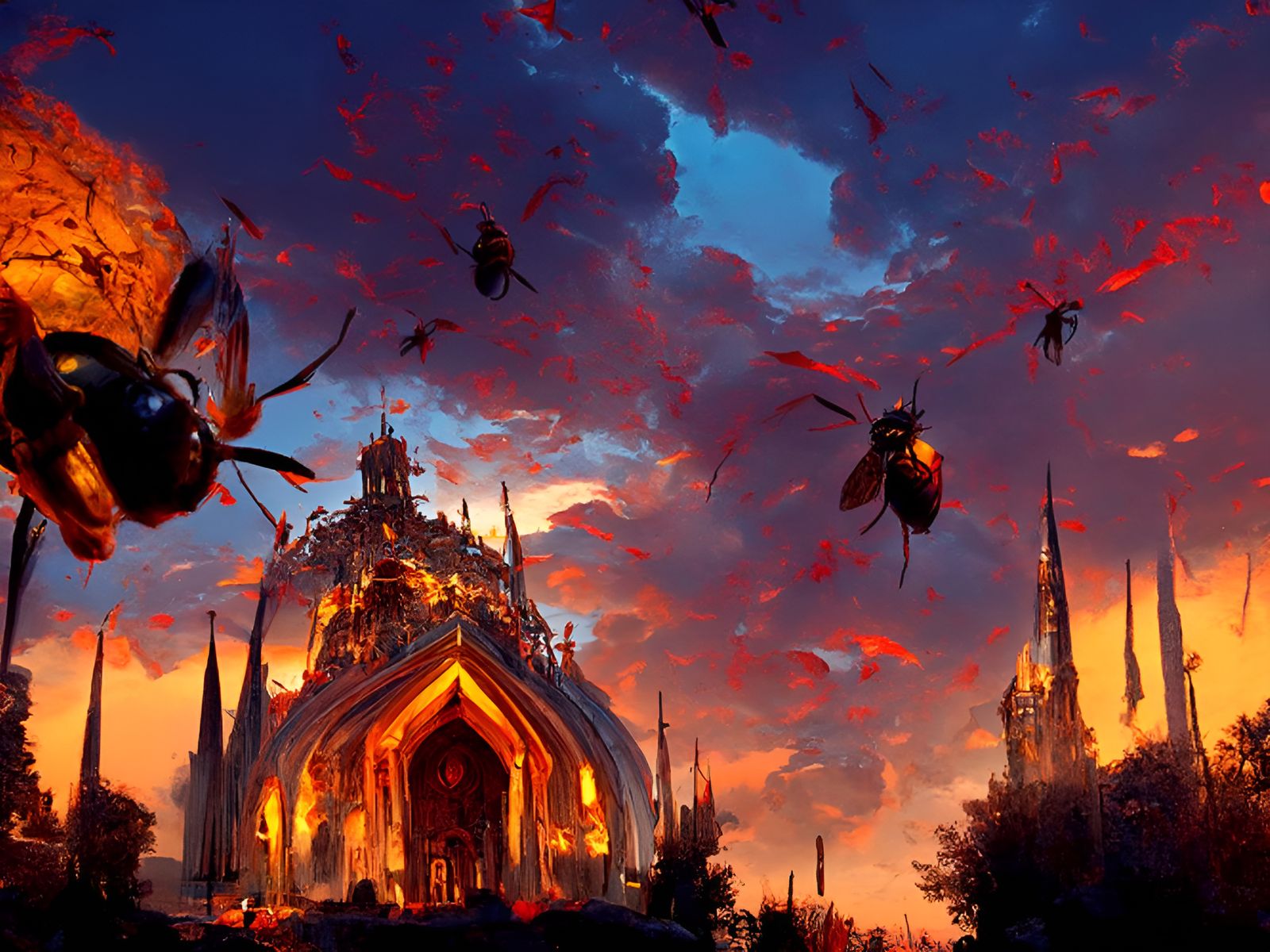 Wasp Cathedral at Dusk: Baroque Horror Scene
