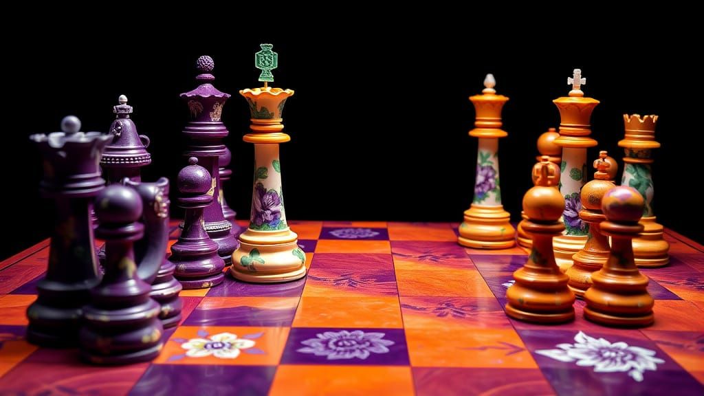 Hyperdetailed Floral Wedgwood Chess Set on Vibrant Purple Or...