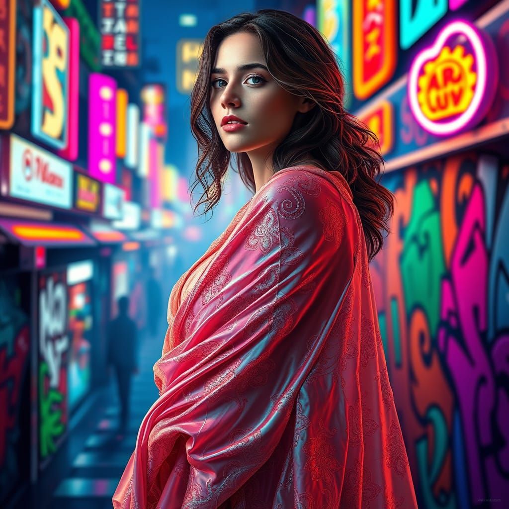 Hyper-Realistic Art Nouveau Goddess in Vibrant Cityscape