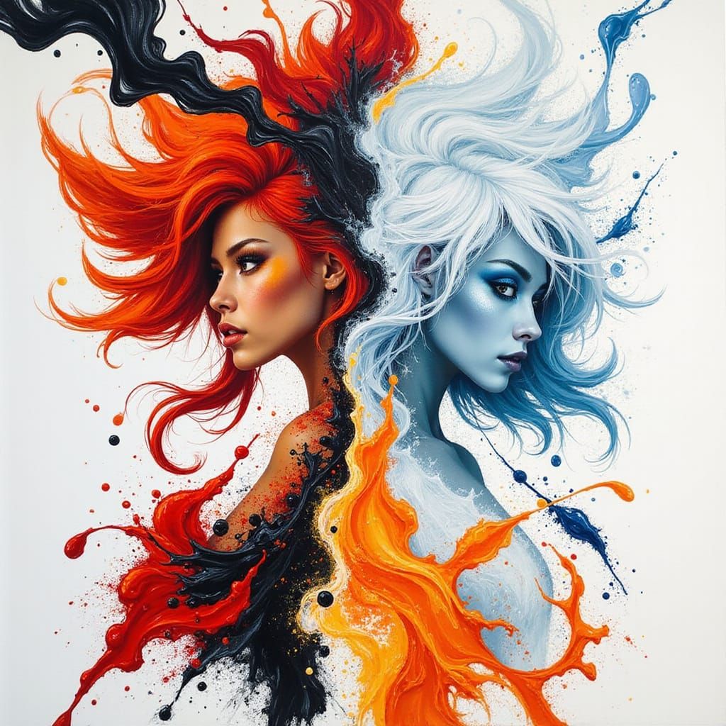 Fiery Elemental vs Icy Spirit in Expressive Diptych