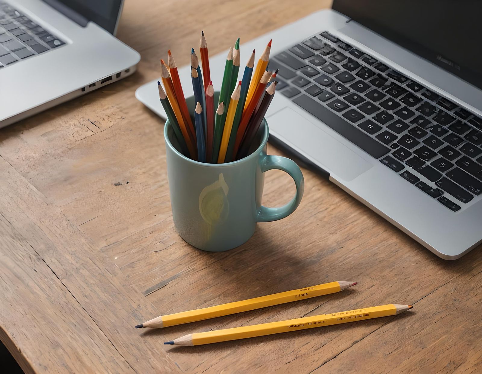 Pencils in Cup on Desk Near Laptop