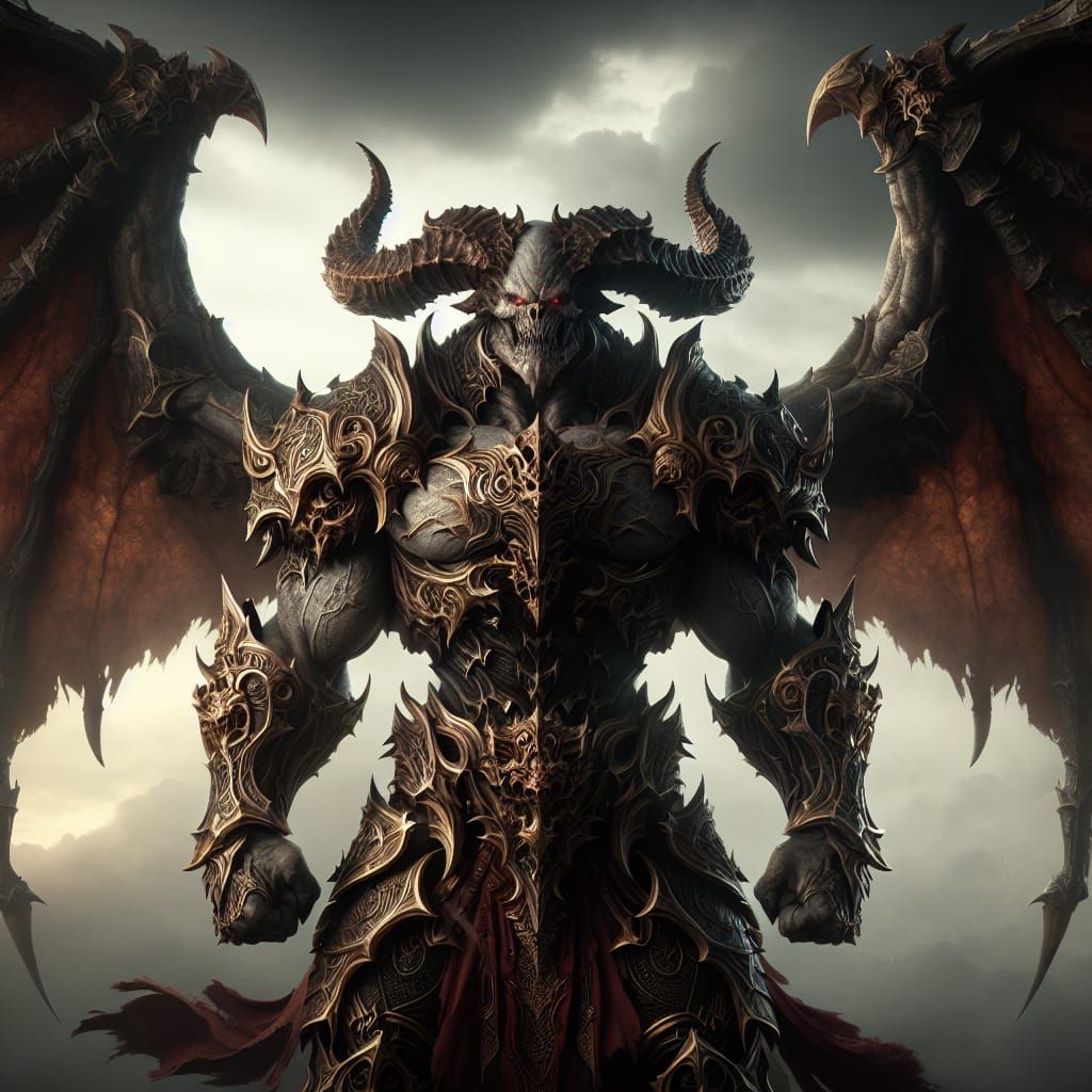 Menacing Demon in Ornate Armor Against Desolate Landscape