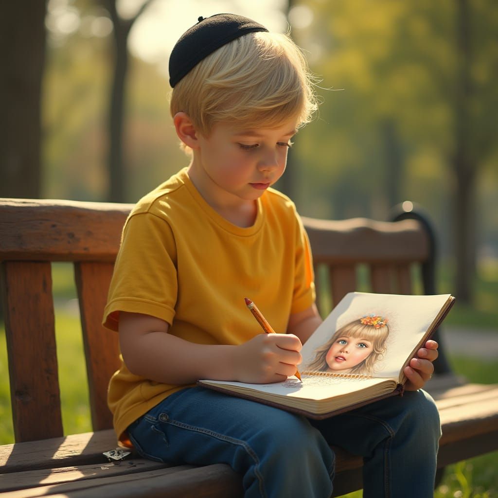 Boy Sketching Portrait in Golden Light